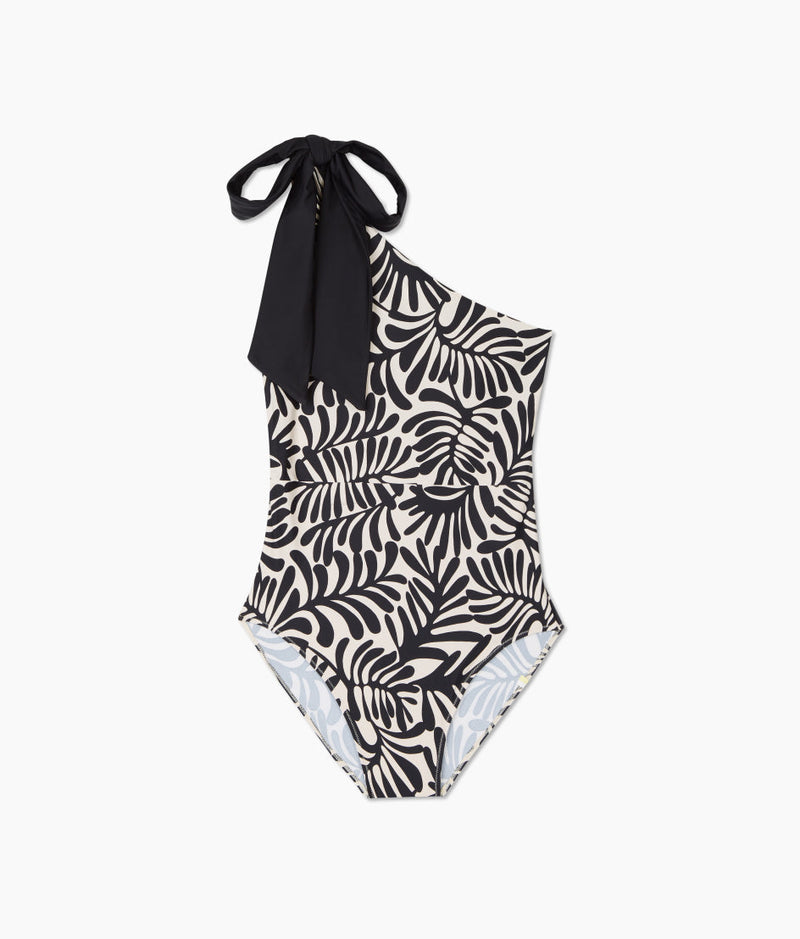 The Bow-Shoulder Ruched Sidestroke - Abstract Palm in Sea Urchin & White Sand