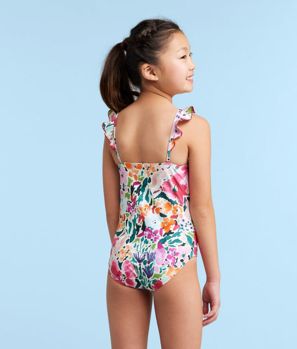 The Girls' Ruffle One Piece - Watercolor Floral in Strawberry