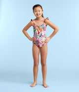 The Girls' Ruffle One Piece - Watercolor Floral in Strawberry