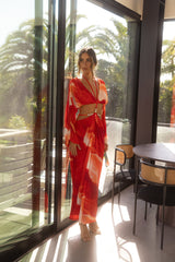 PRE-ORDER Sunset Red Hera Draped Maxi Skirt