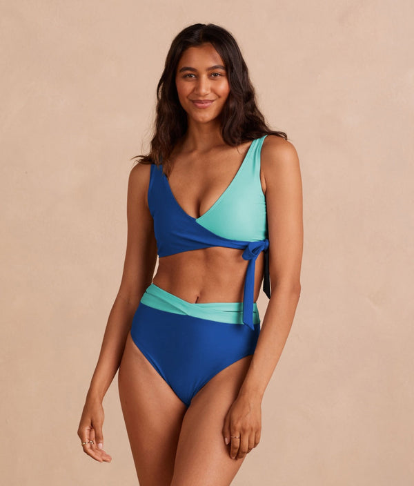 The Wrap High Leg High Rise Bikini Bottom - Aqua & Lapis
