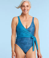 The Perfect Wrap One-Piece - Mixed Gingham in Calypso & Deep Sea