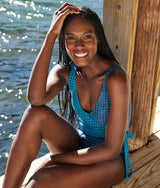 The Long Torso Perfect Wrap One Piece - Mixed Gingham in Calypso & Deep Sea