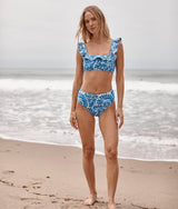 The Ruffle Seaway Square Neck Bikini Top - Floral Wave in Azure