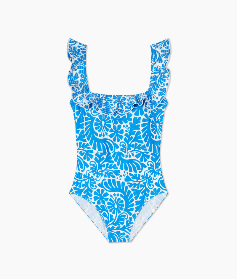 The Ruffle Seaway Square Neck One-Piece - Floral Wave in Azure