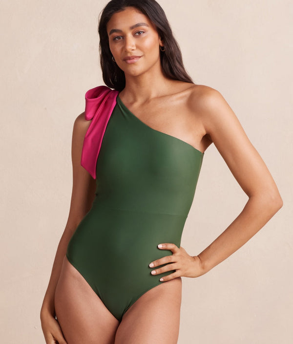 The Bow-Shoulder Ruched Sidestroke - Olive & Spritz