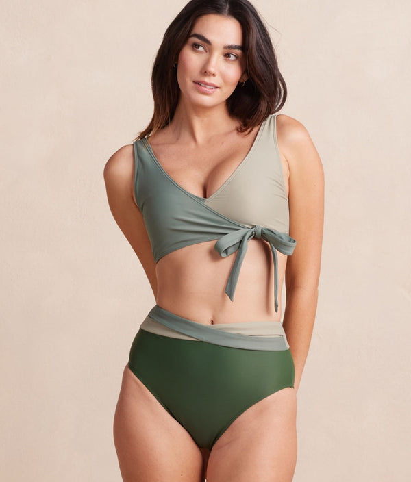 The Wrap High Leg High Rise Bikini Bottom - Olive & Palm & Pebble